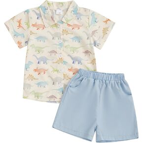 fhutpw Toddler Baby Boy Summer Outfit Tractor/Dinosaur Short Sleeve Button Down Shirt Shorts Suits Set 2Pcs Kids Clothes