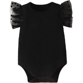 Romperinbox Baby Girl Onsies Polka Dot Mesh Puff Sleeve Rib-Cnit Short Sleeve Bodysuit لمدة 0-24 شهرًا