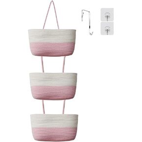 YYaaloa Woven Cotton Hanging Baskets for Organizing Decor 3-Tier Over the Door Wall-Mounted Storage Bag Nursery Baskets for Organizing Living Room, Bathroom and Bedroom (Brown)