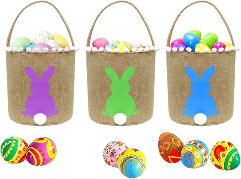AOUTACC 3 Pack Easter Bunny Baskets, Easter Egg Hunt Bunny Bags Little Baskets with Fluffy Tail Canvas Cotton Rabbit Handbag Bucket Tote Bag for Kids Girls (Style 2,Green + Blue + Purple) in Saudi Arabia