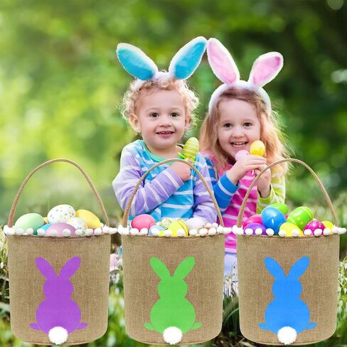 AOUTACC 3 Pack Easter Bunny Baskets, Easter Egg Hunt Bunny Bags Little Baskets with Fluffy Tail Canvas Cotton Rabbit Handbag Bucket Tote Bag for Kids Girls (Style 2,Green + Blue + Purple) in Saudi Arabia