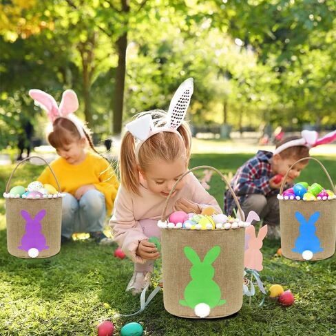 AOUTACC 3 Pack Easter Bunny Baskets, Easter Egg Hunt Bunny Bags Little Baskets with Fluffy Tail Canvas Cotton Rabbit Handbag Bucket Tote Bag for Kids Girls (Style 2,Green + Blue + Purple) in Saudi Arabia