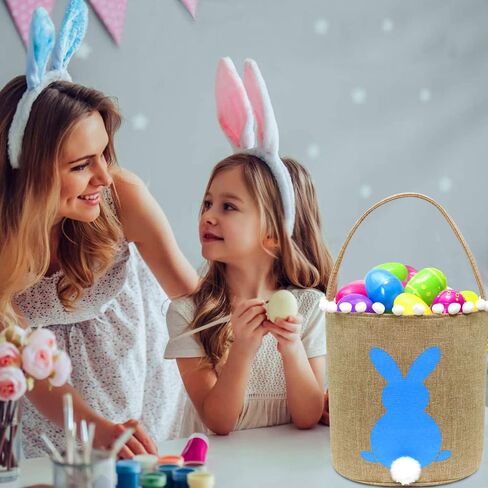 AOUTACC 3 Pack Easter Bunny Baskets, Easter Egg Hunt Bunny Bags Little Baskets with Fluffy Tail Canvas Cotton Rabbit Handbag Bucket Tote Bag for Kids Girls (Style 2,Green + Blue + Purple) in Saudi Arabia