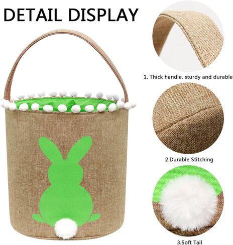 AOUTACC 3 Pack Easter Bunny Baskets, Easter Egg Hunt Bunny Bags Little Baskets with Fluffy Tail Canvas Cotton Rabbit Handbag Bucket Tote Bag for Kids Girls (Style 2,Green + Blue + Purple) in Saudi Arabia