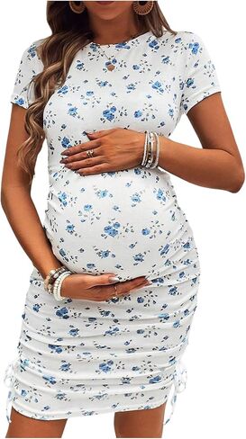 فستان الأمومة النسائي Oyoangle Ditsy Ploral Print Shorts Short Ruched Bodycon Pencil Dresses in Kuwait