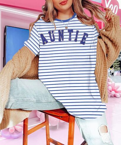 Auntie Stripe Shirt Women Oversized: Auntie Chenille Tshirt Cute Aunt Gift Letter Print Tee Top in Saudi Arabia