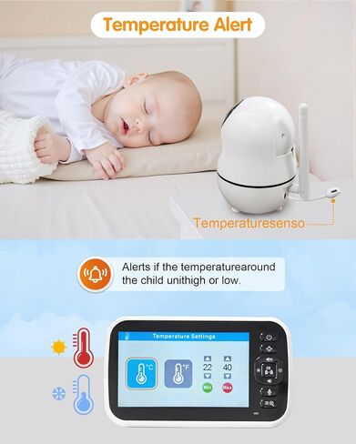 Baby Monitor with Camera, 5'' Screen, Remote Pan-Tilt-Zoom, Temperature Monitoring, Lullabies, and Night Vision - 1000ft Range, VOX, No WiFi, 2-Way Talk in Saudi Arabia