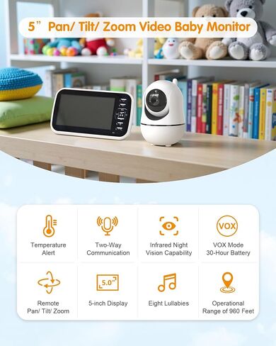 Baby Monitor with Camera, 5'' Screen, Remote Pan-Tilt-Zoom, Temperature Monitoring, Lullabies, and Night Vision - 1000ft Range, VOX, No WiFi, 2-Way Talk in Saudi Arabia