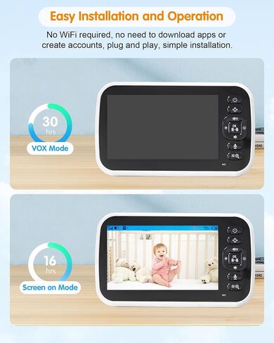 Baby Monitor with Camera, 5'' Screen, Remote Pan-Tilt-Zoom, Temperature Monitoring, Lullabies, and Night Vision - 1000ft Range, VOX, No WiFi, 2-Way Talk in Saudi Arabia