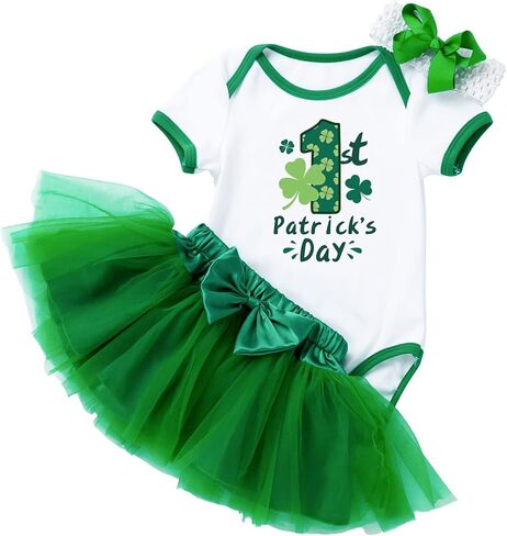 AGQT Infant Baby Girls St. Patrick’s Day Outfit 3Pcs Green Shamrock Romper Bodysuit 0-24 Months in Kuwait