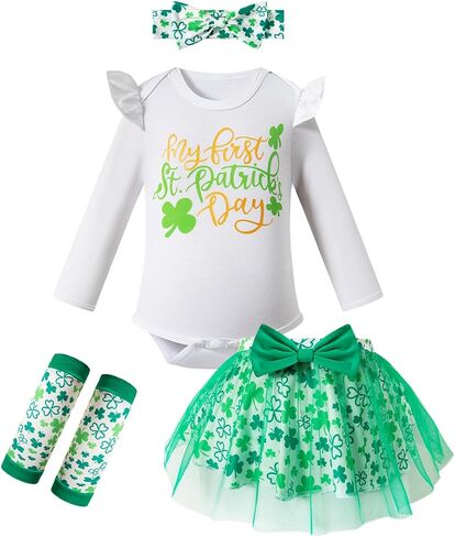 Newborn Baby My First St. Patrick's Day Baby Girl Outfit Onesie + Tutu + Leg Warmers + Headband Set in Saudi Arabia