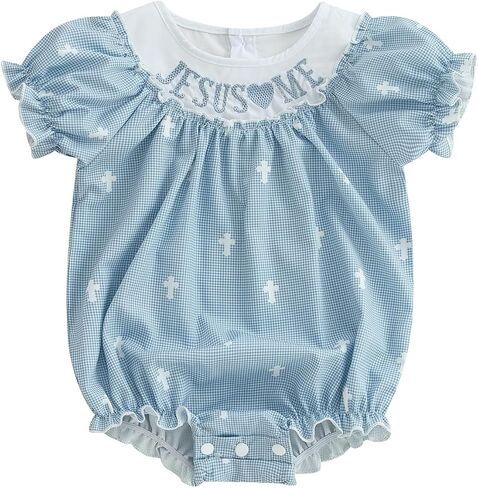 KMBANGI Newborn Baby Girl Easter Outfit Short Sleeve Jesus Me Smocked Romper Grid Bubble Bodysuit Infant Summer Clothes 0-18M in Saudi Arabia