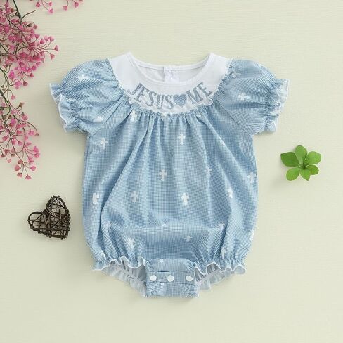 KMBANGI Newborn Baby Girl Easter Outfit Short Sleeve Jesus Me Smocked Romper Grid Bubble Bodysuit Infant Summer Clothes 0-18M in Saudi Arabia