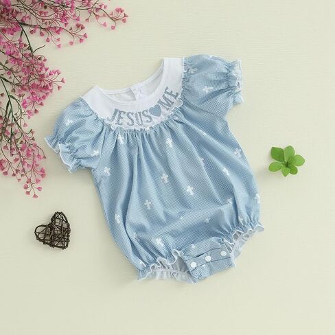 KMBANGI Newborn Baby Girl Easter Outfit Short Sleeve Jesus Me Smocked Romper Grid Bubble Bodysuit Infant Summer Clothes 0-18M in Saudi Arabia