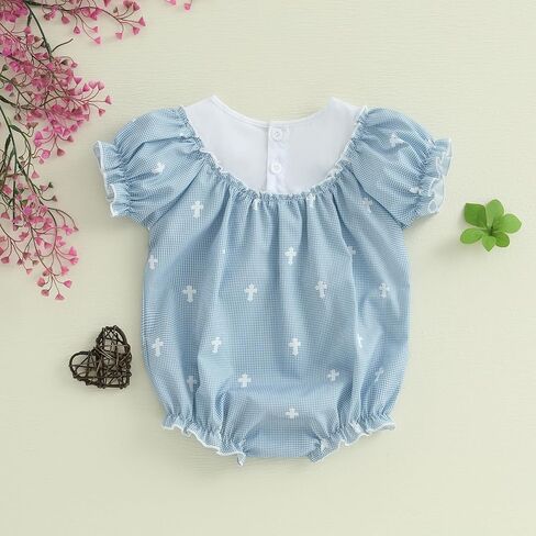 KMBANGI Newborn Baby Girl Easter Outfit Short Sleeve Jesus Me Smocked Romper Grid Bubble Bodysuit Infant Summer Clothes 0-18M in Saudi Arabia