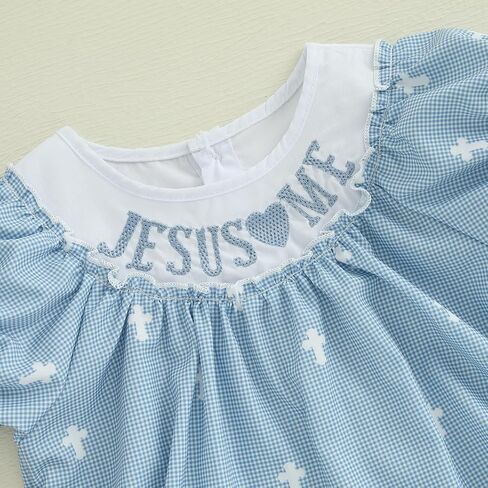 KMBANGI Newborn Baby Girl Easter Outfit Short Sleeve Jesus Me Smocked Romper Grid Bubble Bodysuit Infant Summer Clothes 0-18M in Saudi Arabia