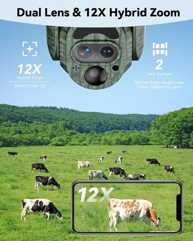 SEHMUA Cellular Trail Cameras, 4G LTE Cellular Security Camera with 12X Hybrid Zoom 2K 360° View Live Video, Unlimited Data Plan Game Camera No Glow IR Auto Tracking, Solar Powered, Motion Activate in Kuwait