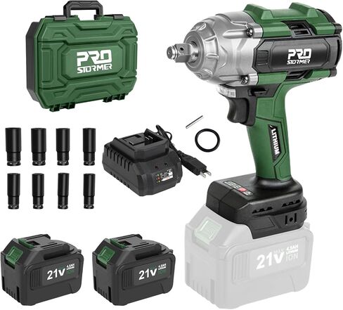 Prostormer 800N.m(580Ft-lbs) Cordless Impact Wrench, 1/2" Brushless High Torque Impact Gun Kit for Car Home, 2x4.5Ah Rechargable Batteries, Charger & 8 Sockets in Kuwait