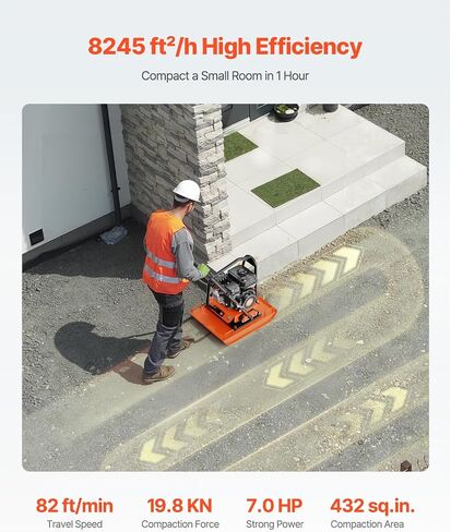 VEVOR Plate Compactor, 7.0 HP Gas Engine, 4451.22 lbf Vibration Compaction Force, 432 sq. in Plate, 5400 RPM Power Tamper, Ground Compactor Rammer for Dirt, Gravel, Asphalt, Foundation, EPA Compliant in Kuwait