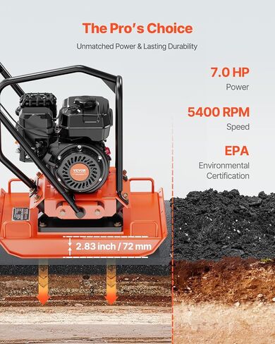 VEVOR Plate Compactor, 7.0 HP Gas Engine, 4451.22 lbf Vibration Compaction Force, 432 sq. in Plate, 5400 RPM Power Tamper, Ground Compactor Rammer for Dirt, Gravel, Asphalt, Foundation, EPA Compliant in Kuwait