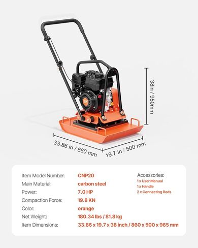 VEVOR Plate Compactor, 7.0 HP Gas Engine, 4451.22 lbf Vibration Compaction Force, 432 sq. in Plate, 5400 RPM Power Tamper, Ground Compactor Rammer for Dirt, Gravel, Asphalt, Foundation, EPA Compliant in Kuwait