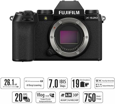 FUJIFILM X-S20 (26 MP, 6.2K 30P, FHD 240P 10x Slo mo, AI Processing,IBIS System, VLOG Mode) with Free TG-BT1 Bluetooth Tripod Hand Grip in Kuwait