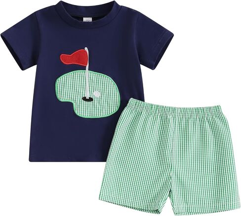 Toddler Baby Boy Golf Outfit Golf Embroidery Short Sleeve T-Shirt Plaid Shorts Set 2Pcs Infant Summer Clothes in Kuwait