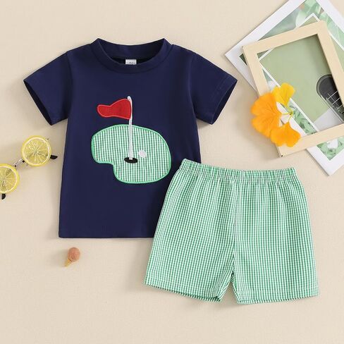 Toddler Baby Boy Golf Outfit Golf Embroidery Short Sleeve T-Shirt Plaid Shorts Set 2Pcs Infant Summer Clothes in Kuwait