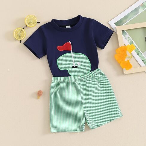 Toddler Baby Boy Golf Outfit Golf Embroidery Short Sleeve T-Shirt Plaid Shorts Set 2Pcs Infant Summer Clothes in Kuwait