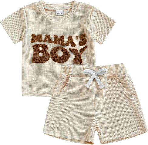 Toddler Baby Boy Summer Outfit Mama's Boy Baby Clothes Waffle Knit Short Sleeve T Shirt Top+Shorts Infant 2 Piece Set in Saudi Arabia