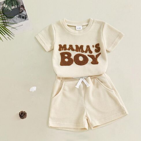Toddler Baby Boy Summer Outfit Mama's Boy Baby Clothes Waffle Knit Short Sleeve T Shirt Top+Shorts Infant 2 Piece Set in Saudi Arabia