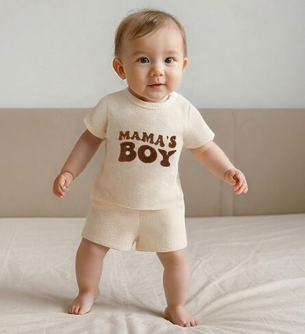 Toddler Baby Boy Summer Outfit Mama's Boy Baby Clothes Waffle Knit Short Sleeve T Shirt Top+Shorts Infant 2 Piece Set in Saudi Arabia