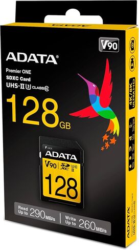 بطاقة SD من ADATA Premier ONE بسعة 128 جيجابايت SDXC UHS-II U3 ​​Class10 V90 3D NAND 4K 8K Ultra HD بسرعة 290 ميجابايت/ثانية (ASDX128GUII3CL10-C) in Kuwait