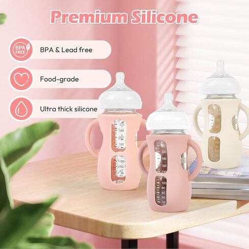3 Pack Silicone Sleeves for Philips Avent Natural Glass Baby Bottles, Anti Breakage Bottle Holder with Handle for Baby Girls, Compatible with Philips Avent Glass Natural Baby Bottle, 8oz in Saudi Arabia