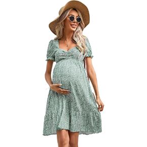 Maternity Dress Women's Maternity Dresses A Line Sweetheart Neck Ruffle Flowy Mini Boho Maternity Dress for Wedding Guest Greenfloral S