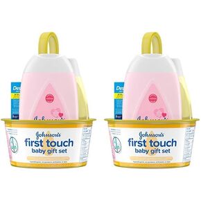 Johnson's First Touch Baby Gift Set, Baby Bath, Skin & Hair Essential Products, Kit for New Parents with Wash & Shampoo, Lotion, & Diaper Rash Cream, Hypoallergenic & Paraben-Free, 4 items (Pack of 2)