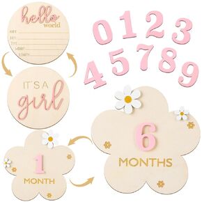 Baby Monthly Milestone Cards 3D Wooden Monthly Milestone Discs Hello World Newborn Sign Double Sided Baby Milestone Cards Sign Baby Announcement Sign for Newborn Shower Photo Props