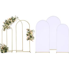 Vincidern Wedding Arch Backdrop Stand and Cover Set, (7.2FT, 6.6FT, 5.9FT), 3 Gold Metal Arch Stands, 3 White Spandex Arch Covers for Parties, Birthdays, Baby Showers, Bridal, Banquets, Ceremonies