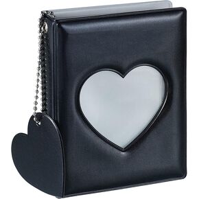 Black Mini Photo Album with Heart Design, 32 Pockets, 3.3 x 4.3 x 1 inches, Black