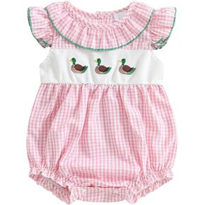 Amiblvowa Newborn Baby Girl Summer Clothes Mallard Duck Romper Hunting Outfit Smocked Bubble Bodysuit 0 3 6 9 12 18 Months