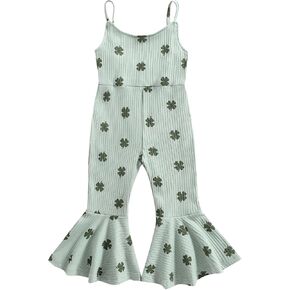Toddler Baby Girls Bell-Bottoms Jumpsuit Ribbed Sleeveless Spaghetti Straps Romper Heart Valentines Outfit in Kuwait