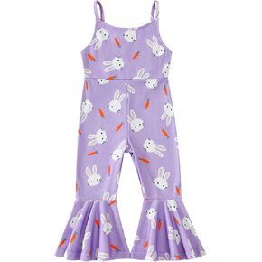Toddler Baby Girls Bell-Bottoms Jumpsuit Ribbed Sleeveless Spaghetti Straps Romper Heart Valentines Outfit