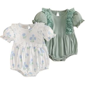Merqwadd Baby Girl Bubble Romper Pack Short Sleeve Lace Bodysuit Vintage Newborn Summer Clothes