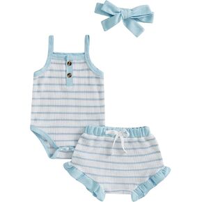 Zaxarra Infant Baby Girl Goy Summer Outfit Summeress Cherry Print Waffle Romper Shulk Shorts Bow Bow Bead Stripts Cute Shorts