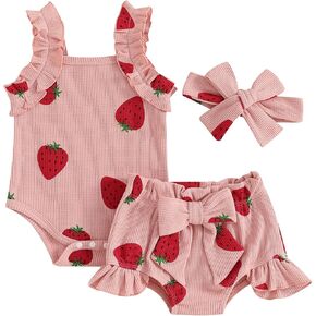 ZAXARRA Infant Baby Girl Summer Outfit Sleeveless Cherry Print Waffle Romper Ruffle Shorts Bow Headband Cute Shorts Set
