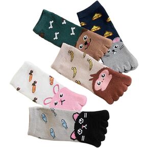 5 Pairs Cotton Split Tabi Toe Five Finger Socks Cartoon Animal Seperated Socks for Kids Boys Girls 3-12 Years