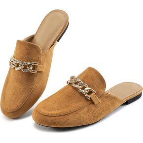 Ecetana Women Mules Flats Shoes Comfortable Metal Chain Rhinestone Round Toe Backless Loafers Slip on Casual Slides