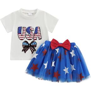 allshope طفلة طفلة الرابع من يوليو ملابس قصيرة الأكمام تي شيرت قمم تول تنانير مجموعة الملابس الصيفية 6 12 18 24 شهر in Kuwait