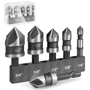 Yoofulki Hex Shank Countersink Drill Bit Set (5-Piece 1/4" to 3/4"), Self-Centering Wood Drill Bits for Wood, Plastic & Plywood, High-Strength Sharp Design in Clear Storage Case