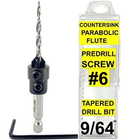 Adjustable Wood Countersink Drill Bit Set #6 (9/64") with Parabolic Flute, Tapered Drill Bit, Depth Stop Collar, Quick Change Shank and Hex Wrench